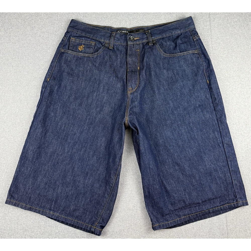 Rocawear Mens Denim Shorts W36 Dark Wash Baggy Hip Hop Y2K Jean Shorts
